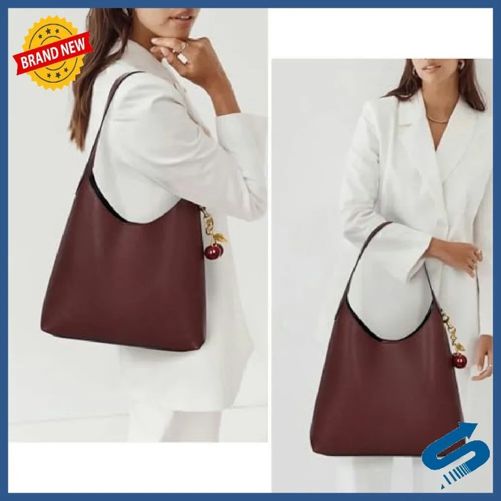 Vegan Leather Hobo Bag with Cherry Charm, Slouchy Tote Shoulder Purse - Picture 3 of 8